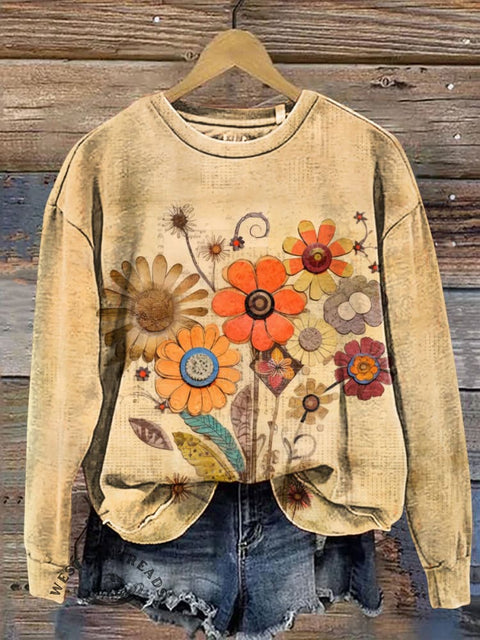 Retro Flower Casual Cotton Sweatshirt