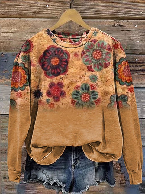 Retro Flower Gradient Casual Cotton Sweatshirt