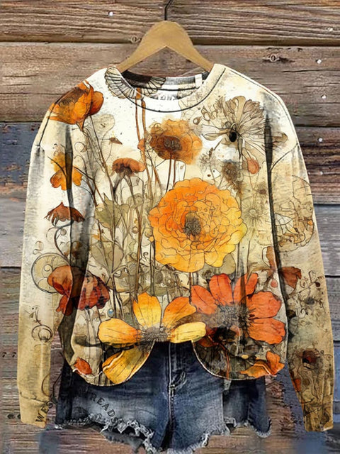 Retro Flower Casual Cotton Sweatshirt