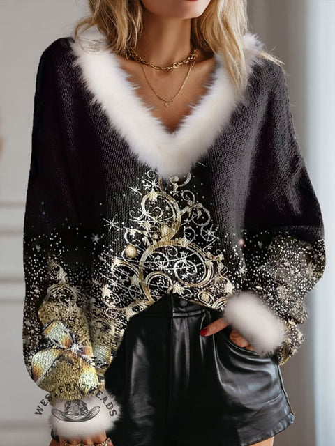 Golden Christmas Tree Print Knit Pullover Sweater