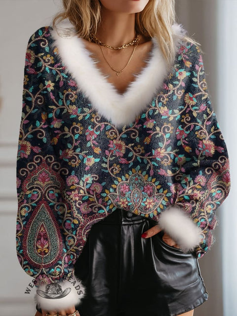 Retro Paisley Print Knit Pullover Sweater