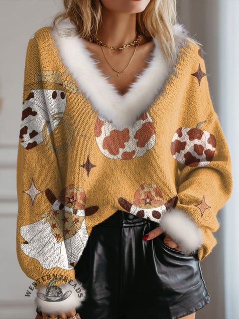 Halloween Cowboy Ghost and Pumpkin Print Knit Pullover Sweater