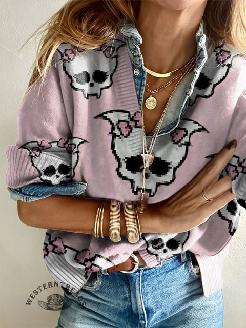 Women's Funny Skull with A Bow Casual V-neck Pullover Knit