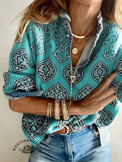 Women's Teal Retro Pattern Casual V-neck Pullover Knit