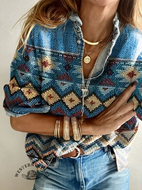 Women's Denim Blue Embroidery Visual Aztec Casual V-neck Pullover Knit