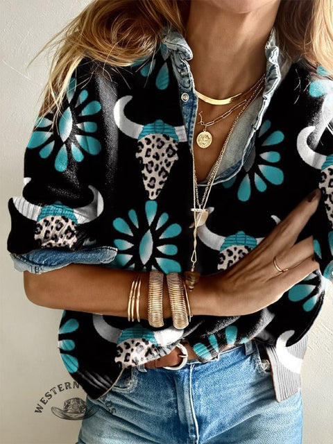 Women's Jeweled Leopard Skull Casual V-neck Pullover Knit