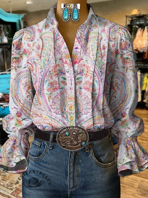 Women's Pink Paisley Print Casual Cotton And Linen Shirt
