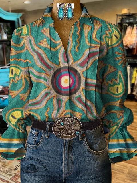 Women's Retro Tribal Sun Totem Print Casual Cotton And Linen Shirt