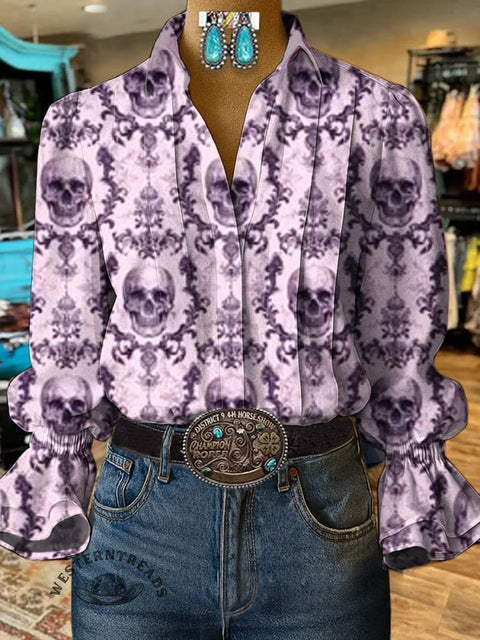 Women's Pink Skull Print Casual Cotton And Linen Shirt