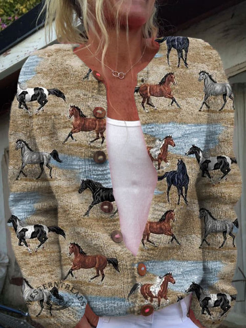 Horse Print Buttoned Cardigan Sweater