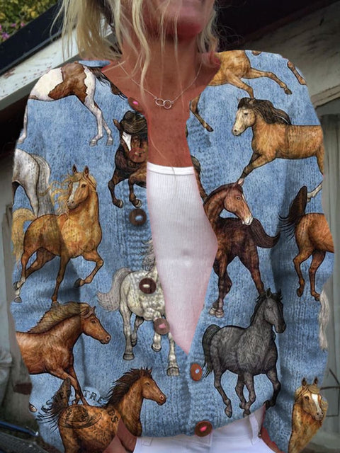 Horse Print Buttoned Cardigan Sweater