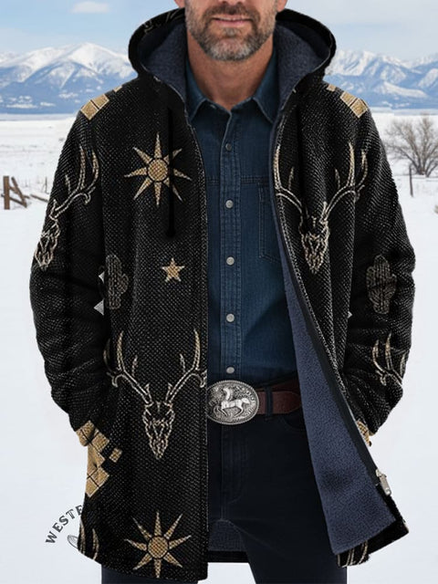 Retro Deer Head Sun Unisex Plush Thick Long-Sleeved Cardigan Coat