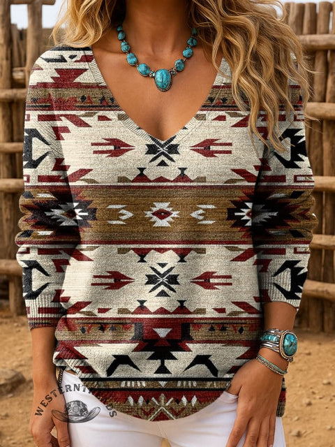 Women's Retro Aztec Casual V-neck Pullover Knit