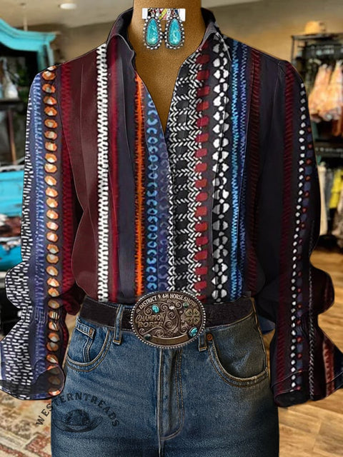 Women's Retro Colorful Stripes Print Casual Cotton And Linen Shirt
