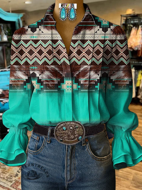 Women's Retro Gradient Aztec Print Casual Cotton And Linen Shirt
