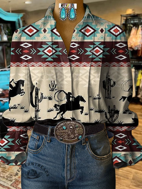 Women's Retro Aztec and Galloping Horses Print Casual Cotton And Linen Shirt