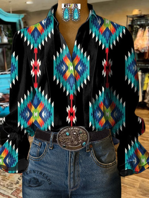 Women's Retro Color Aztec Print Casual Cotton And Linen Shirt
