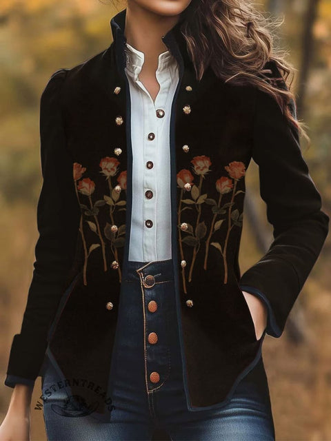 Women's Retro Rose Print Casual Jacket