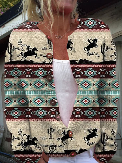 Retro Horseback Cactus Aztec Print Buttoned Cardigan Sweater