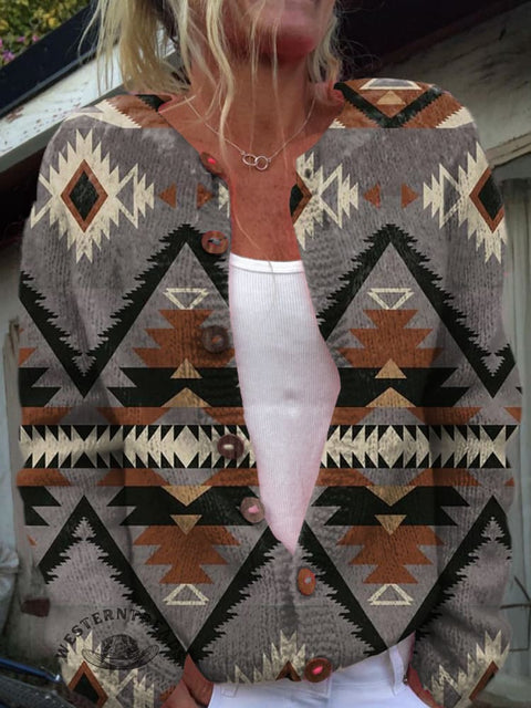 Retro Aztec Print Buttoned Cardigan Sweater
