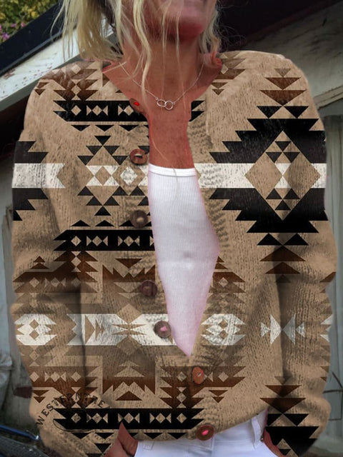 Retro Brown Aztec Print Buttoned Cardigan Sweater