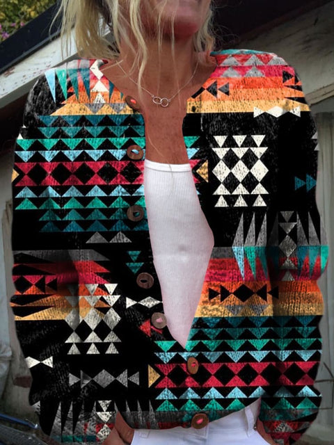 Retro Color Aztec Print Buttoned Cardigan Sweater