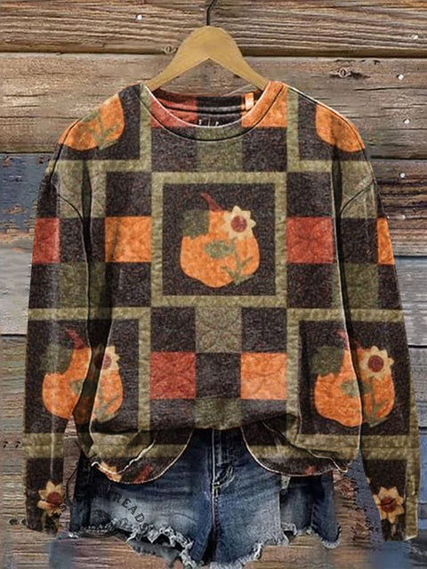 Patchwork Visual Pumpkins and Flowers Casual Cotton Sweatshirt