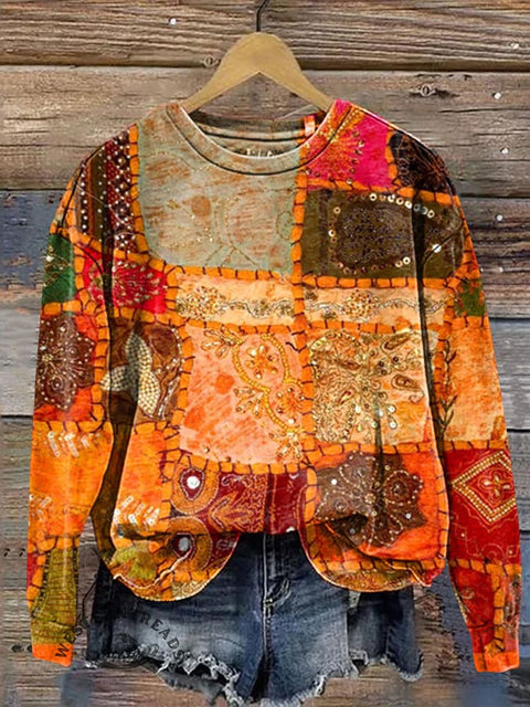 Retro Beaded Embroidery Patchwork Visual Casual Cotton Sweatshirt