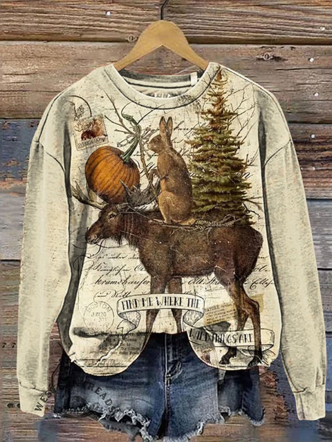 Retro Elk Pine Tree Pumpkin Rabbit Casual Cotton Sweatshirt