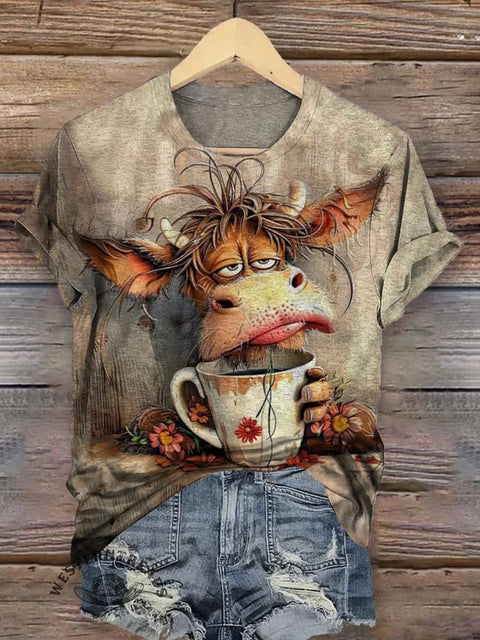 Tired Cow Drinking Coffee T-shirt