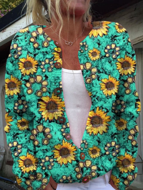 Sun Flower Print Buttoned Cardigan Sweater