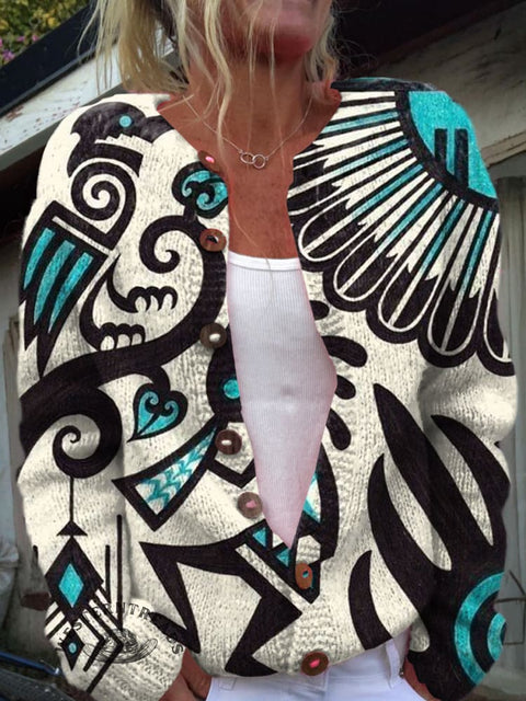 Tribal Abstract Pattern Print Buttoned Cardigan Sweater