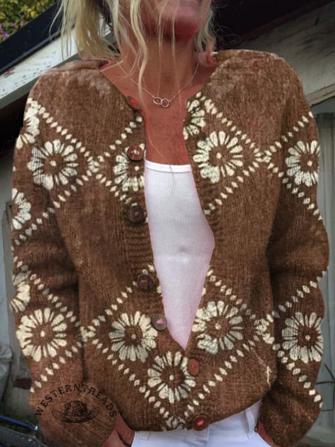 Retro Brown Plaid Pattern Print Buttoned Cardigan Sweater