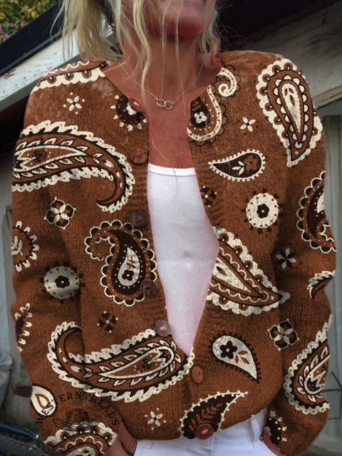 Brown Retro Paisley Print Buttoned Cardigan Sweater