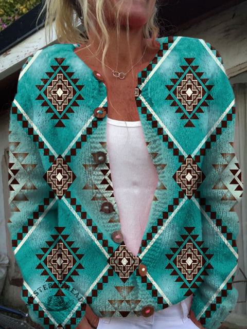 Turquoise Retro Diamond Pattern Print Buttoned Cardigan Sweater