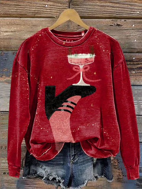 Christmas High Heels Wine Glass Casual Cotton Sweatshirt