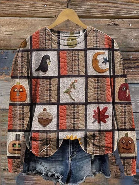 Halloween Pumpkin Crow Plaid Patchwork Visual Casual Cotton Sweatshirt