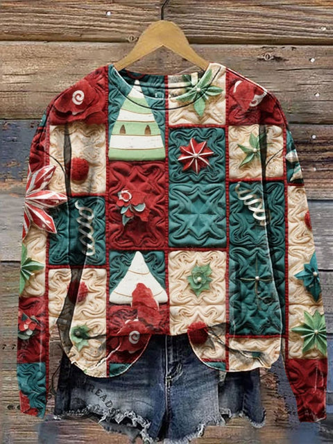 Christmas Tree Plaid Patchwork Visual Casual Cotton Sweatshirt