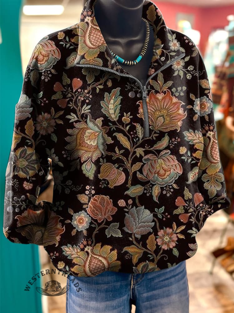 Retro Color Flowers Art Print Casual Long Sleeve Zip Sweatshirt