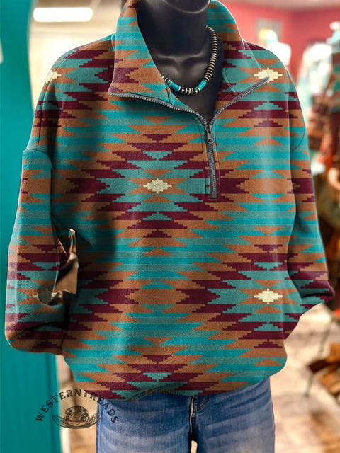 Retro Aztec Art Print Casual Long Sleeve Zip Sweatshirt
