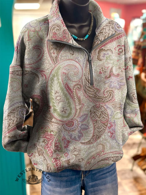 Retro Paisley Art Print Casual Long Sleeve Zip Sweatshirt
