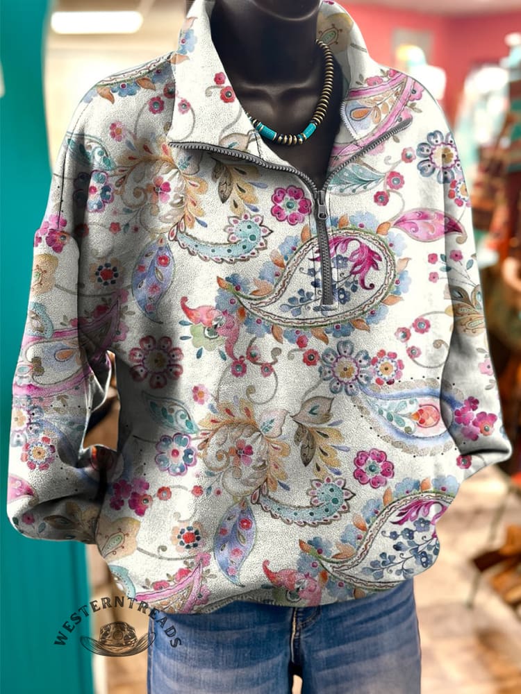 Retro Paisley Art Print Casual Long Sleeve Zip Sweatshirt