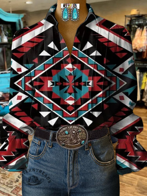 Women's Colorful Aztec Print Casual Cotton And Linen Shirt