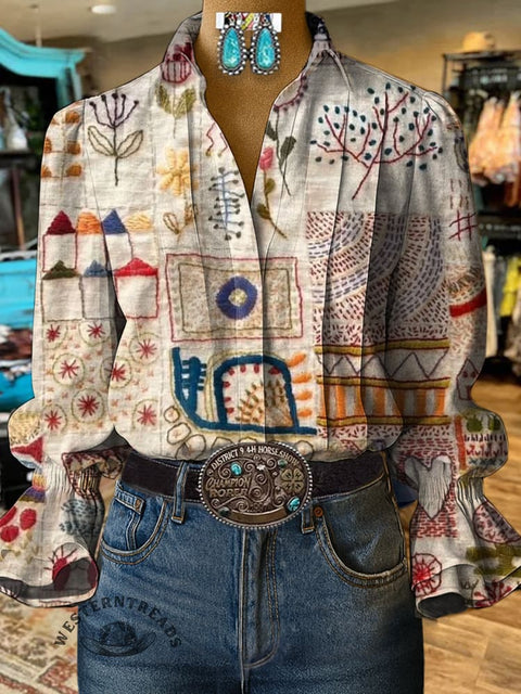 Women's Retro Color Imitation Embroidery Visual Print Casual Cotton And Linen Shirt
