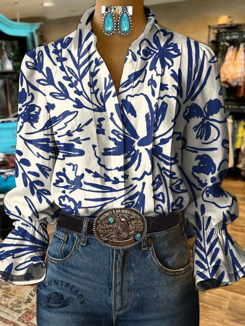 Women's Retro Blue Flower Print Casual Cotton And Linen Shirt