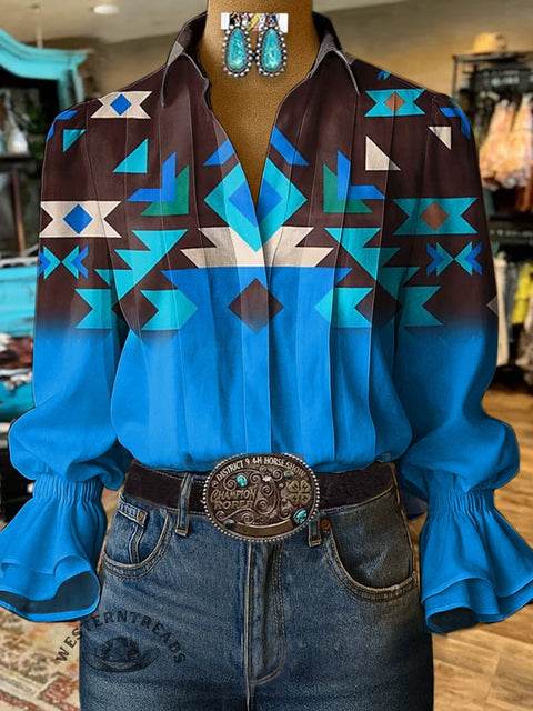 Women's Colorful Aztec Gradient Print Casual Cotton And Linen Shirt