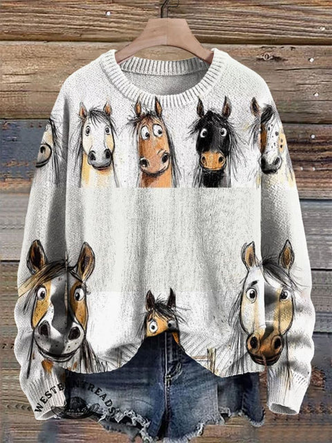 Funny Donkey and Horse Print Knit Pullover Sweater