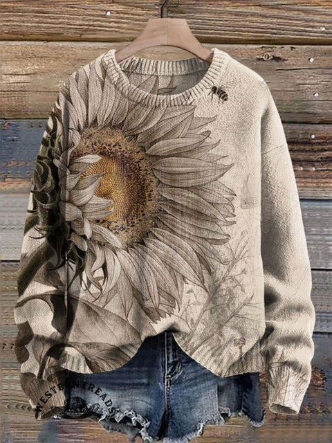 Retro Sun Flower and Bee Print Knit Pullover Sweater
