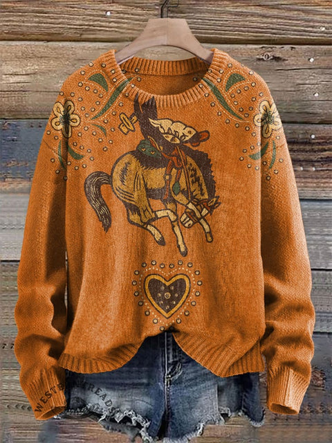 Western Cowboy Horse and Love Heart Print Knit Pullover Sweater