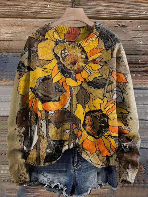 Retro Sun Flower Print Knit Pullover Sweater
